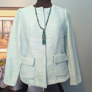 Talbots Collarless Jacket/Blazer, Size 10P, Aqua With Silver, Gray And White